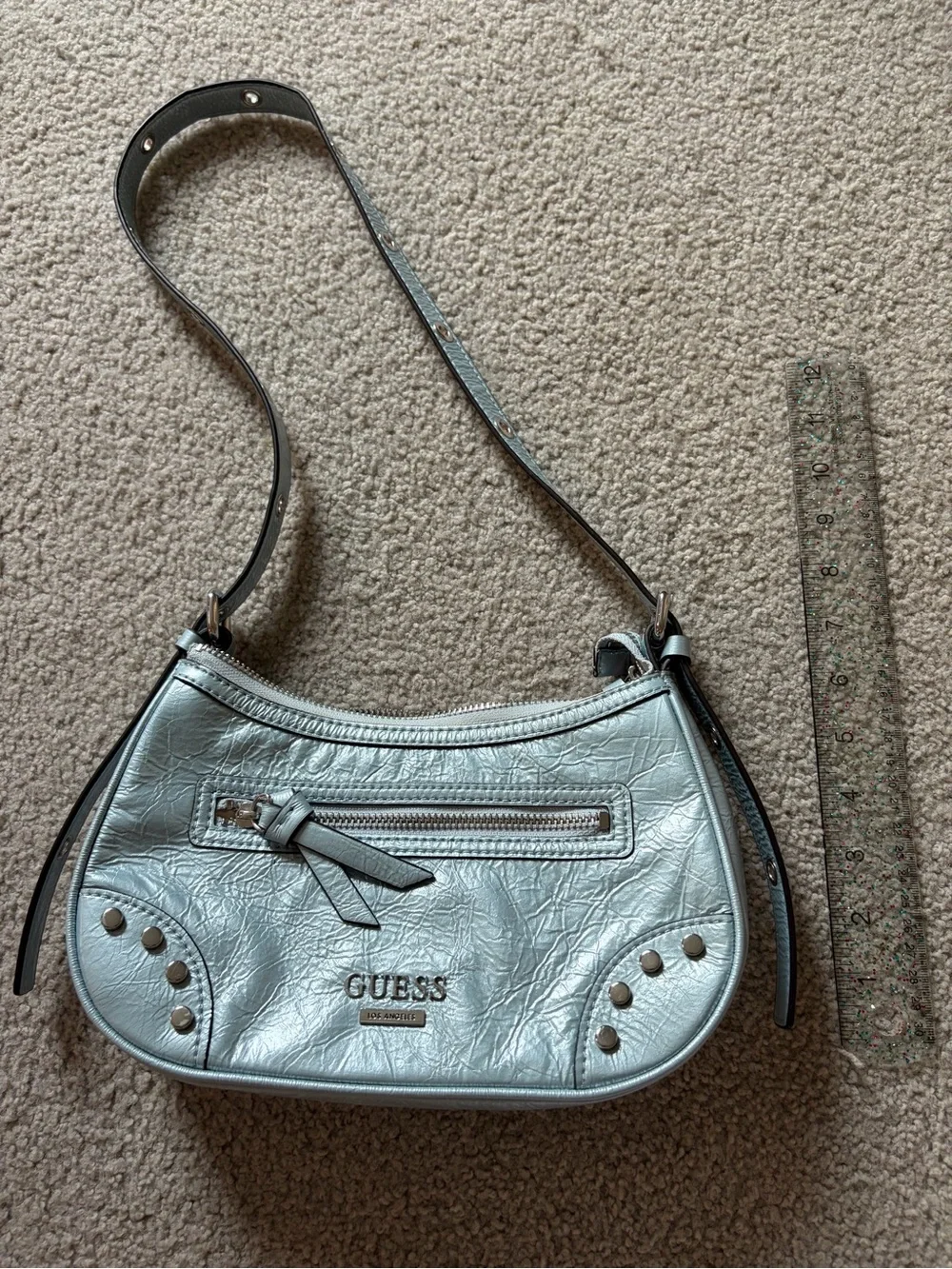 GUESS Metallic Light Silver Shoulder Bag with Stud Accents